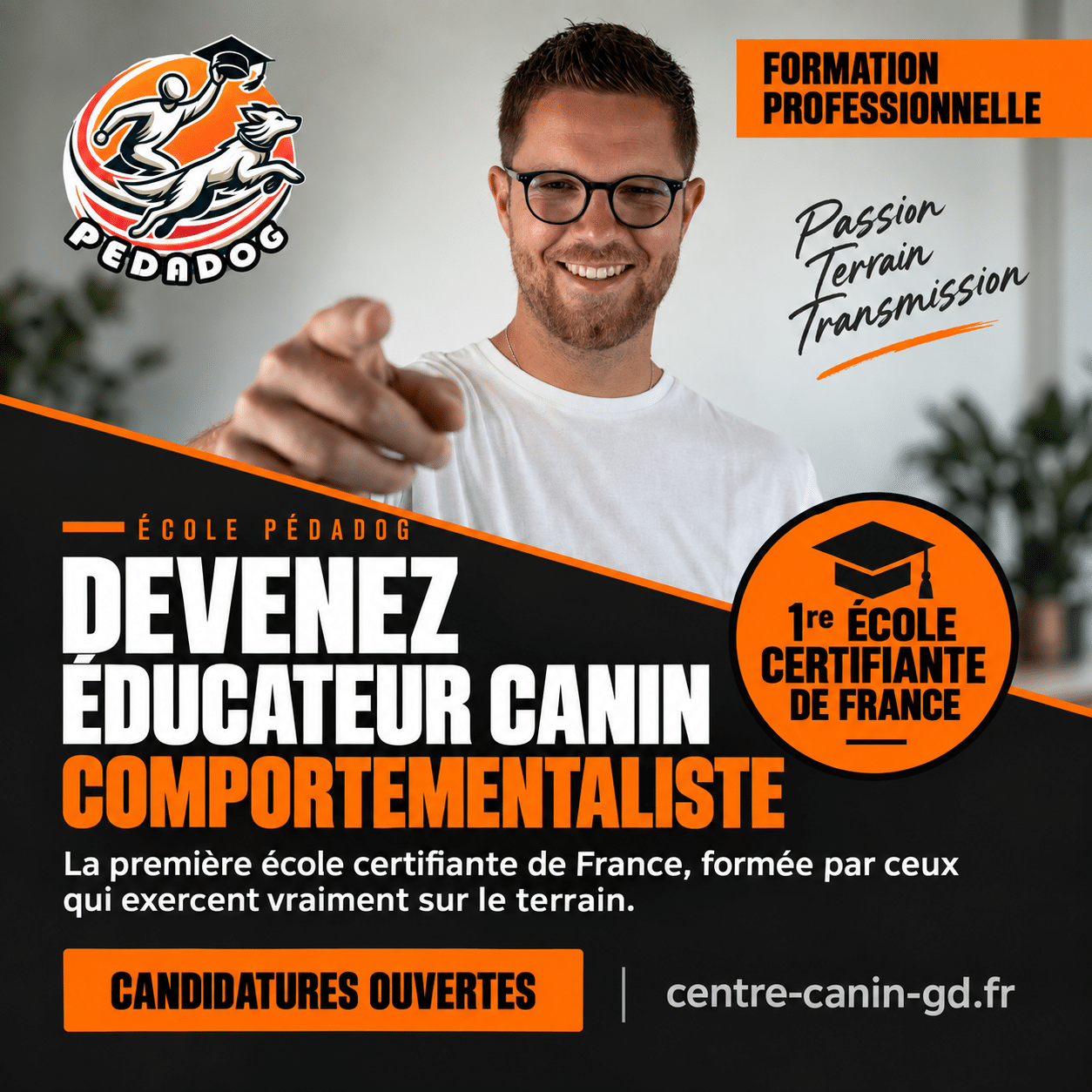 Affiche Pédadog : devenez éducateur canin comportementaliste, la première école privée qui certifie le duo chien et humain, candidatures ouvertes